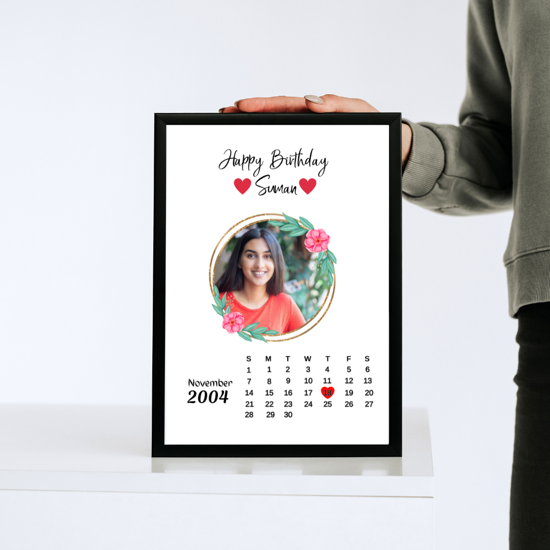 RangDeWalls© Birthday Calendar Frame with 1 photo, Birthday Calender and 2 texts - Available in multiple sizes - Black