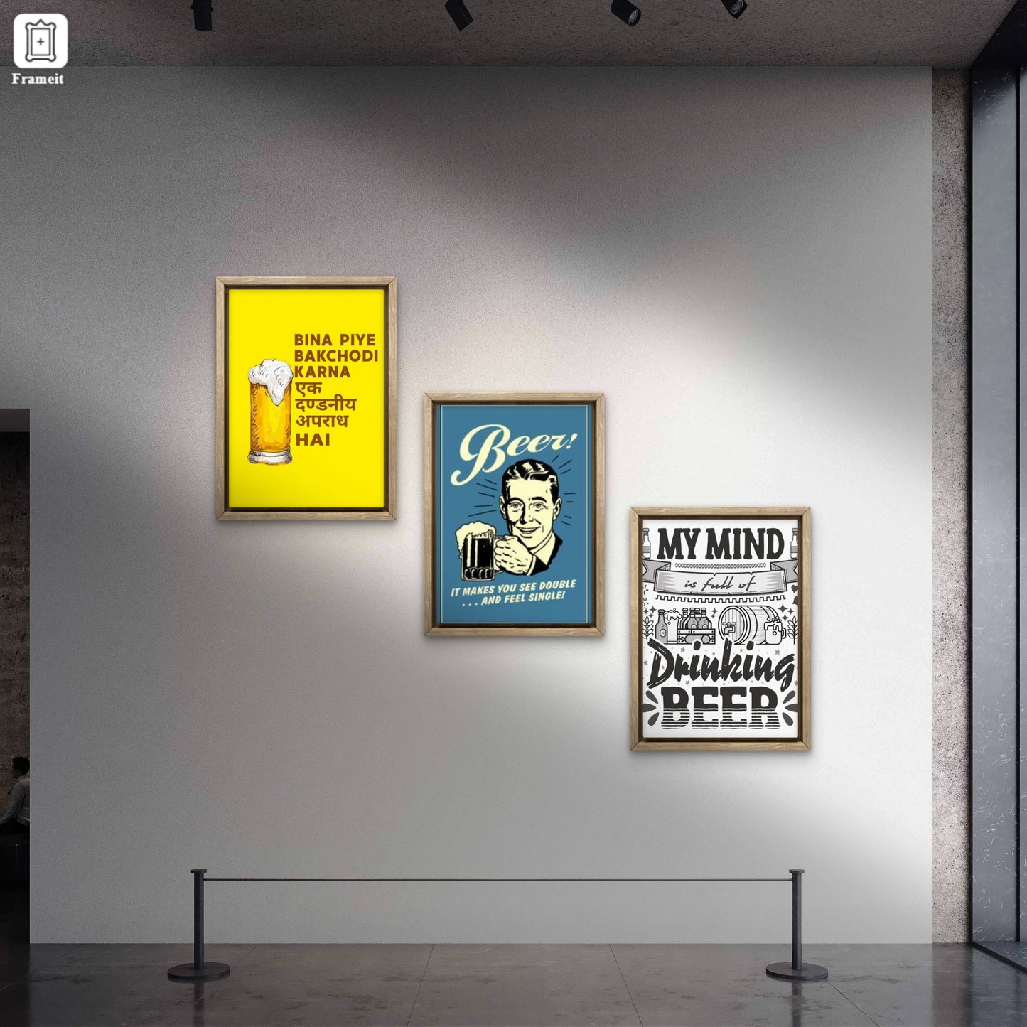 RangDeWalls Set of 3 Funny Beer Quotes Wall Art – 12x18 Inch Light Brown Wooden Frames | Quirky Bar Decor | Retro & Hindi-English Beer Posters for Wall