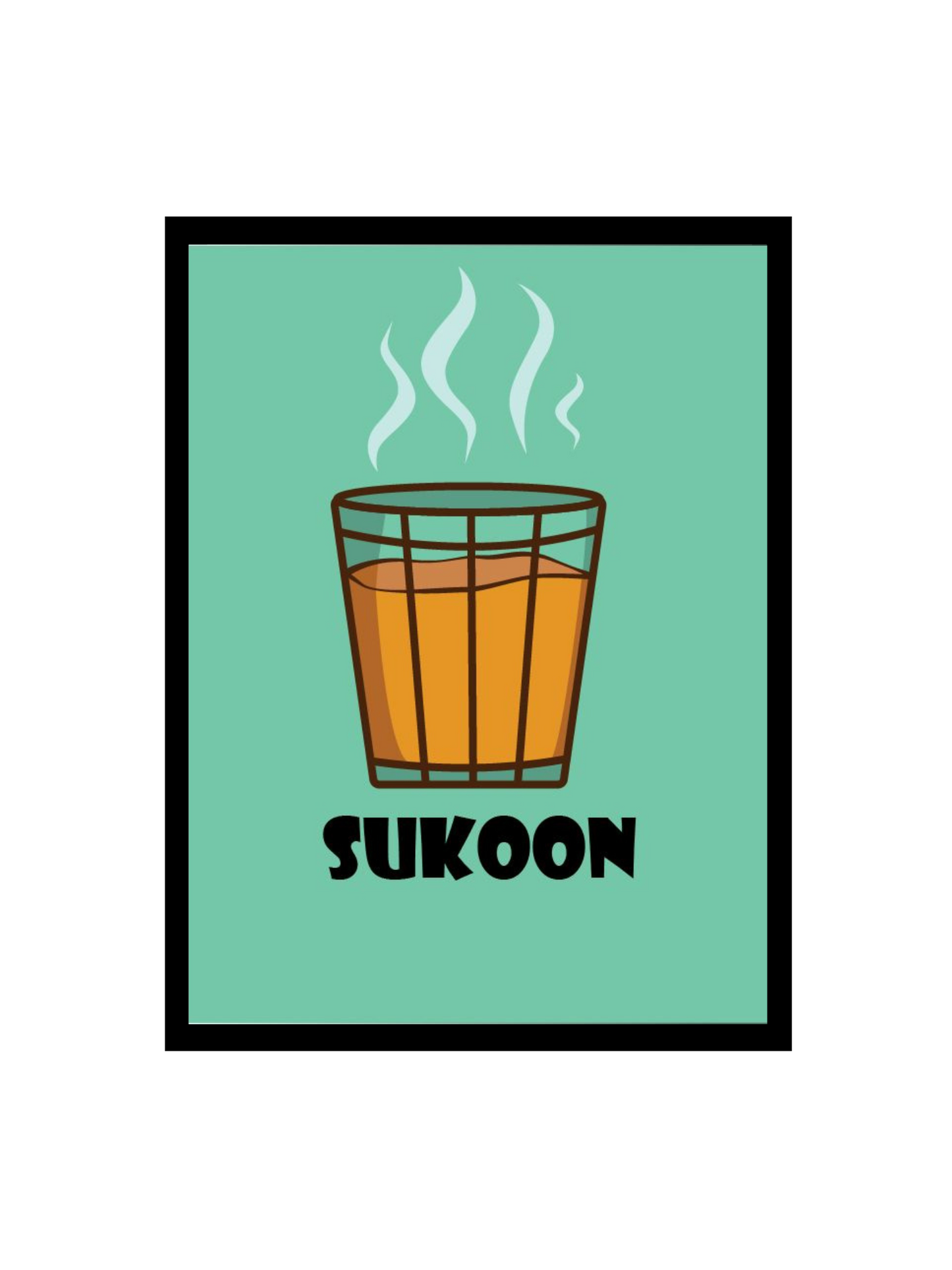 RangDeWalls© "SUKOON" Quote Frame – A4 Black Frame  Hindi Typography Wall Art  Tea Glass Illustration  Peaceful Home Decor - Pack of 1