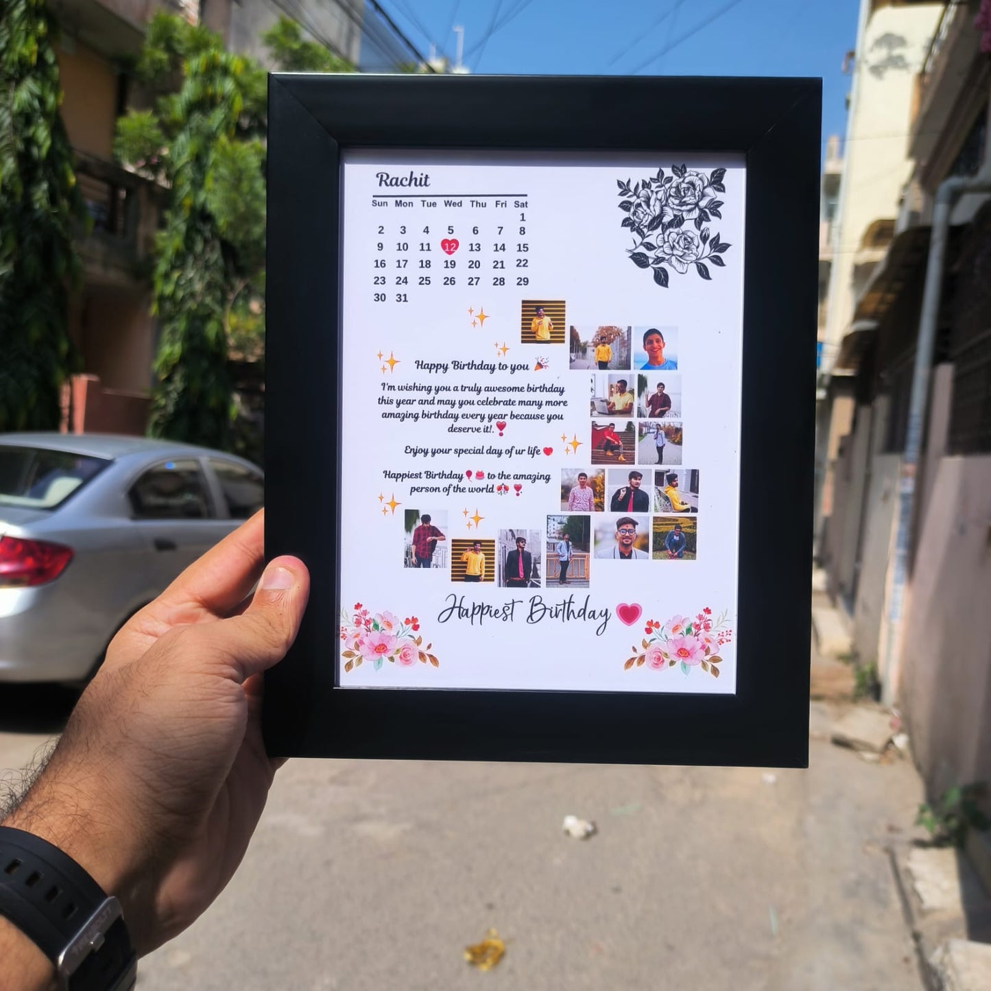 RangDeWalls© Spark Frame Calender Customised A4 & A3 size wall mounted photo frame - Add upto 16 photos and 2 text messages - Black