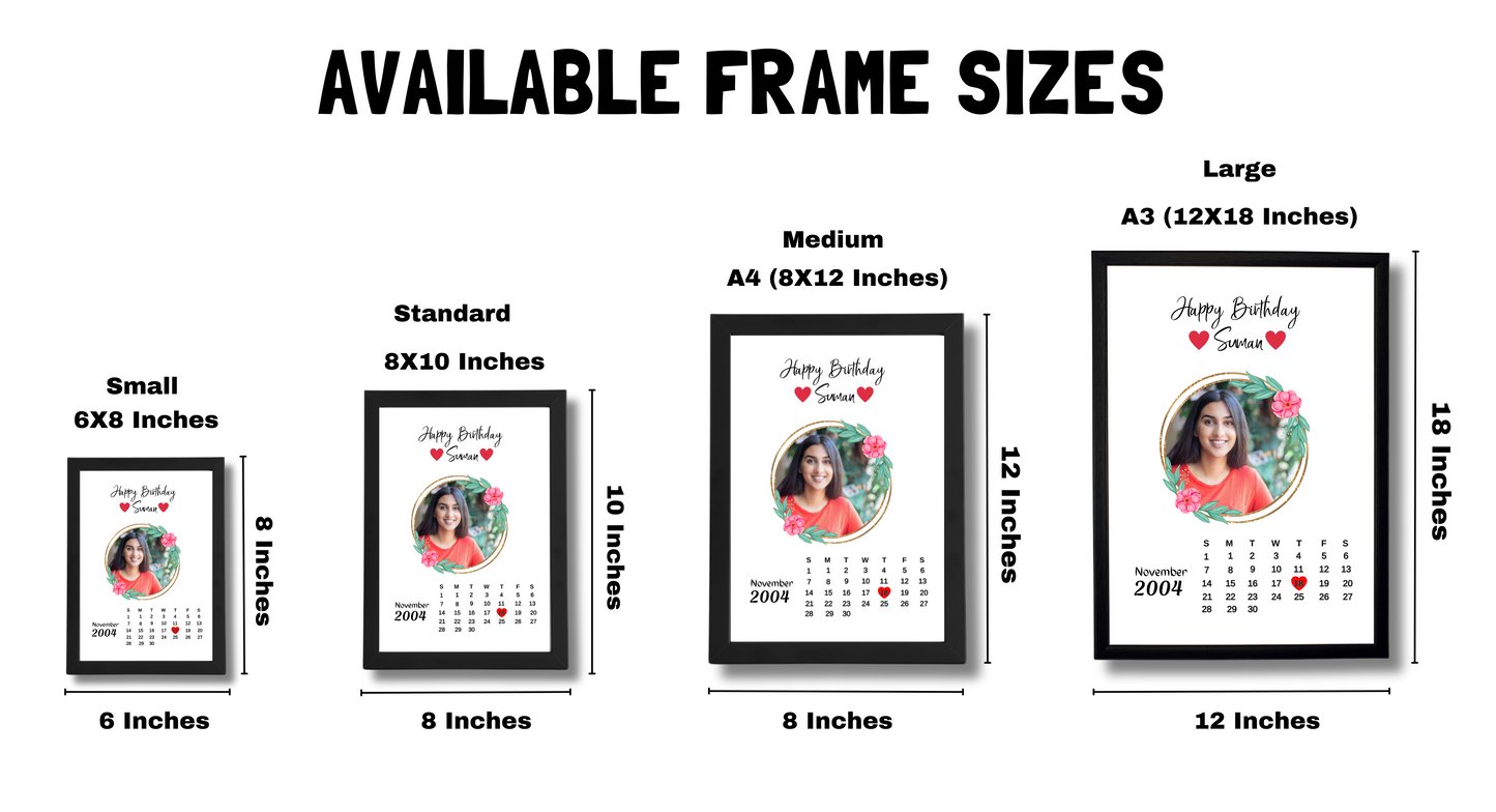 RangDeWalls© Birthday Calendar Frame with 1 photo, Birthday Calender and 2 texts - Available in multiple sizes - Black