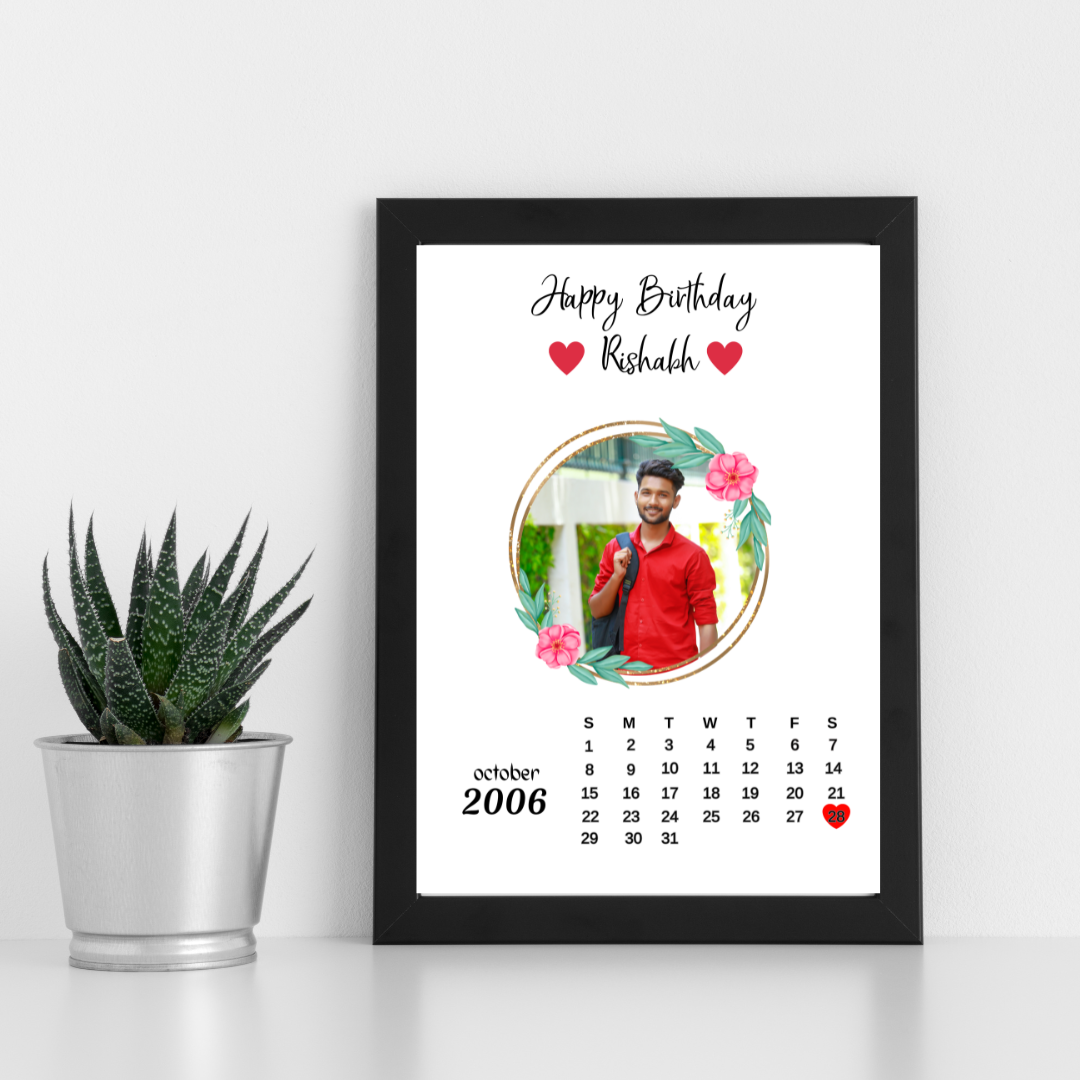 RangDeWalls© Birthday Calendar Frame with 1 photo, Birthday Calender and 2 texts - Available in multiple sizes - Black