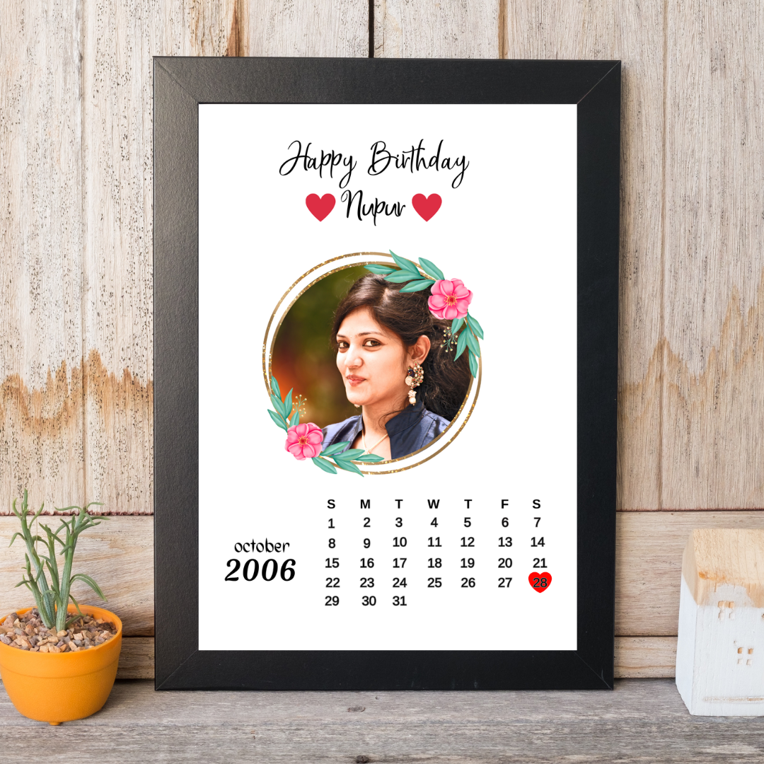 RangDeWalls© Birthday Calendar Frame with 1 photo, Birthday Calender and 2 texts - Available in multiple sizes - Black