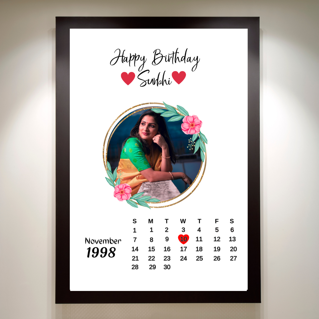 RangDeWalls© Birthday Calendar Frame with 1 photo, Birthday Calender and 2 texts - Available in multiple sizes - Black