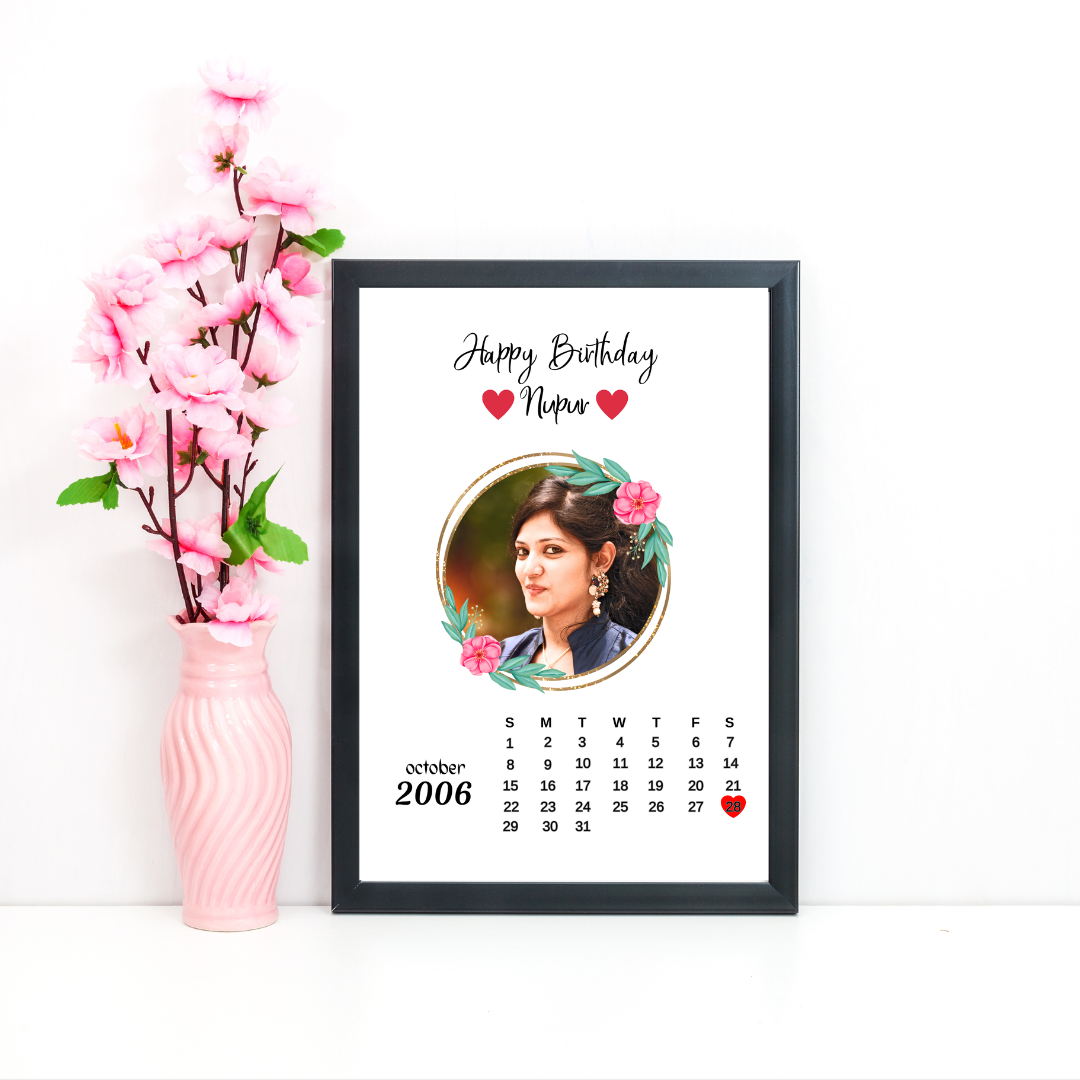 RangDeWalls© Birthday Calendar Frame with 1 photo, Birthday Calender and 2 texts - Available in multiple sizes - Black