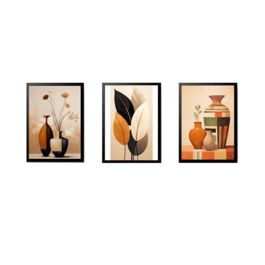 RangDeWalls© Combo of 3 Abstract Wall Frames – Elegant Black Finish | Contemporary Flower & Vase Wall Art for Living Room, Bedroom & Office Decor ( Size - 8 x 12 Inches ) - Set of 3