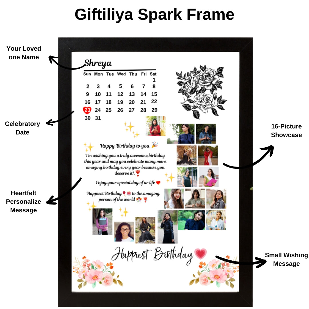 RangDeWalls© Spark Frame Calender Customised A4 & A3 size wall mounted photo frame - Add upto 16 photos and 2 text messages - Black