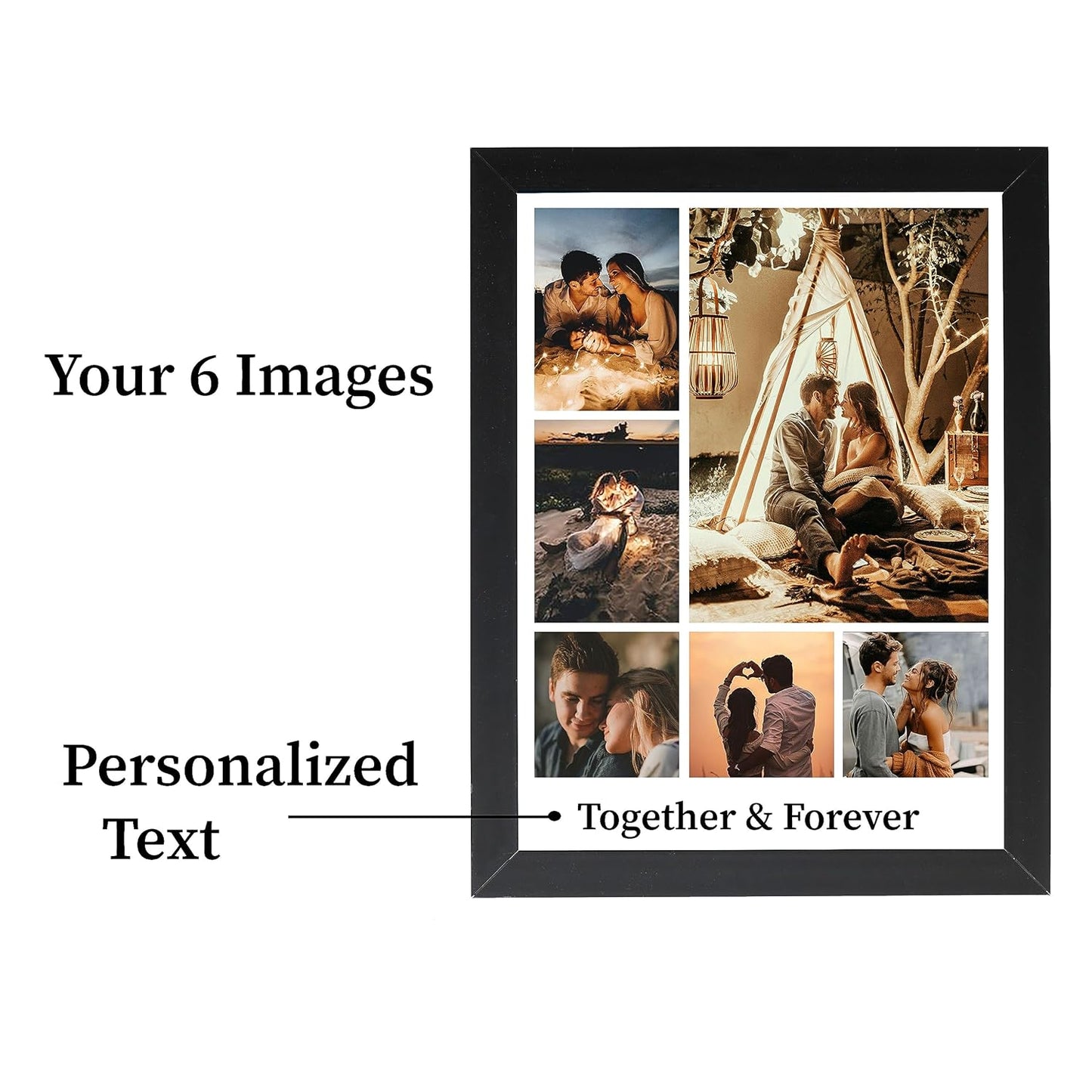 RangDeWalls© Personalized 6 Photo Collage Frame with Custom Text – Black Wall Mount Frame, A4 & A3 Size Rectangular Photo Frame for All Occasions - Pack of 1