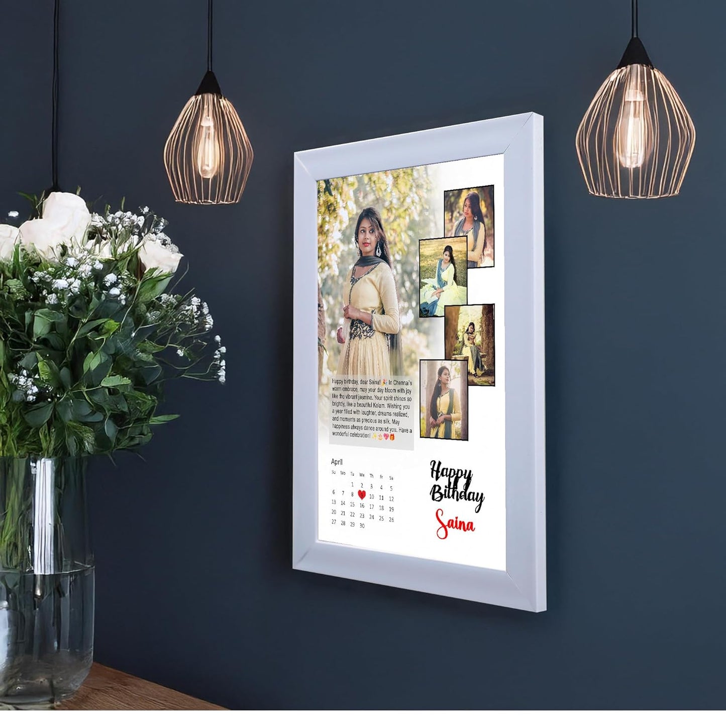 RangDeWalls© Customized A4 Size Calendar Photo Frame | Personalized Collage Wall Frame with Mount Board | Strong & Durable MDF | Laminated (Acrylic/Glossy/Matte/Glitter) | Ideal Gift for Home & Office Decor (8x12 Inch, Model 2)