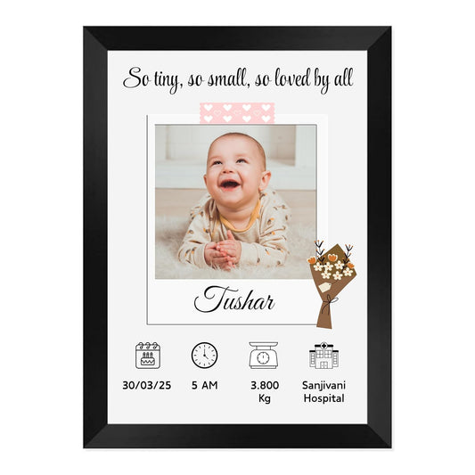 RangDeWalls© Customized New Born Baby Photo Frame | Personalized Wooden Collage with Birth Details & Photo Upload | A4 Size (8x12 Inch) Black Frame | Wall Mount Keepsake Gift for Baby Boy, Girl & Parents ( Model 2 )
