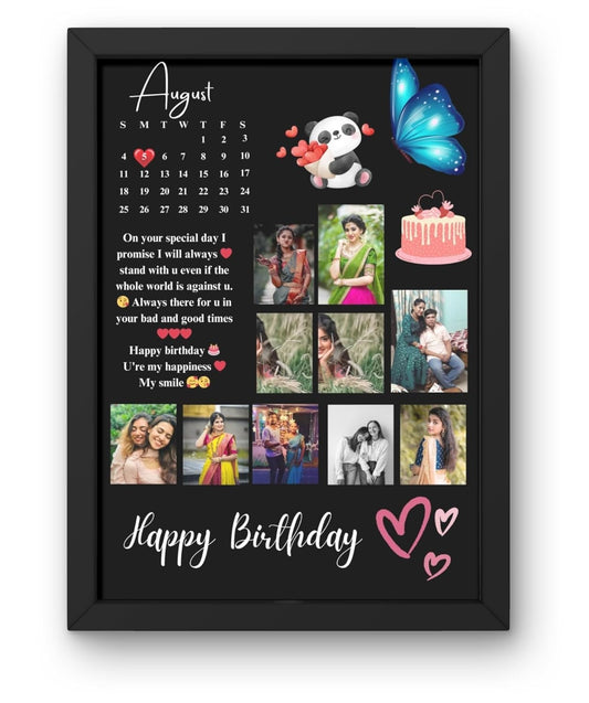RangDeWalls© Personalized Happy Birthday Collage Photo Frame | Customized Wooden Wall Frame with 9 Photos & 2 Text Inputs | A4 Size (8x12 Inch) | Unique Birthday Gift for Family, Friends & Loved Ones