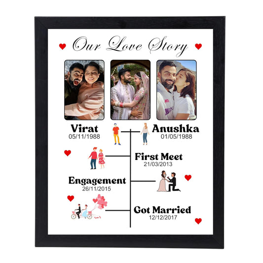 RangDeWalls© Customized Our Love Story Photo Frame | Personalized Couple Collage with 3 Photos & Text | 8x12 Inch Wooden Frame | Anniversary, Wedding & Valentine Gift for Husband, Wife, Boyfriend, Girlfriend - Pack of 1