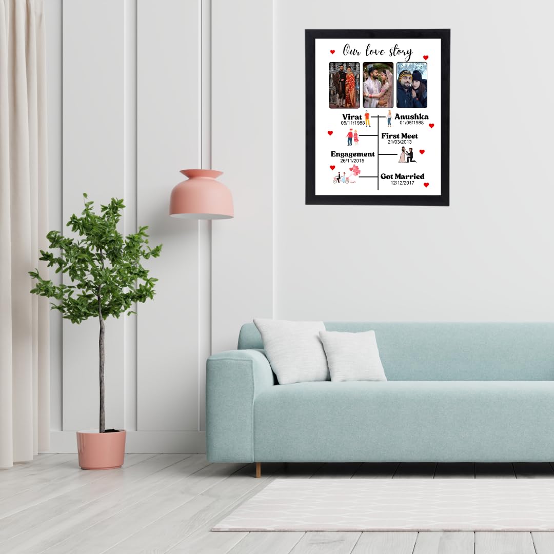 RangDeWalls© Customized Our Love Story Photo Frame | Personalized Couple Collage with 3 Photos & Text | 8x12 Inch Wooden Frame | Anniversary, Wedding & Valentine Gift for Husband, Wife, Boyfriend, Girlfriend - Pack of 1