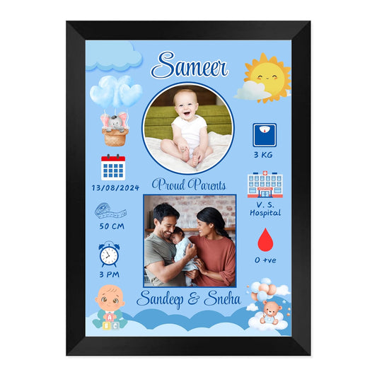 RangDeWalls© Customized New Born Baby Photo Frame | Personalized Wooden Collage with Birth Details & Photo Upload | A4 Size (8x12 Inch) Black Frame | Wall Mount Keepsake Gift for Baby Boy, Girl & Parents ( Model 1 )